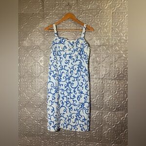 1990s Does 1960s Harve Benard White Blue Vintage 90s Sheath Dress statement